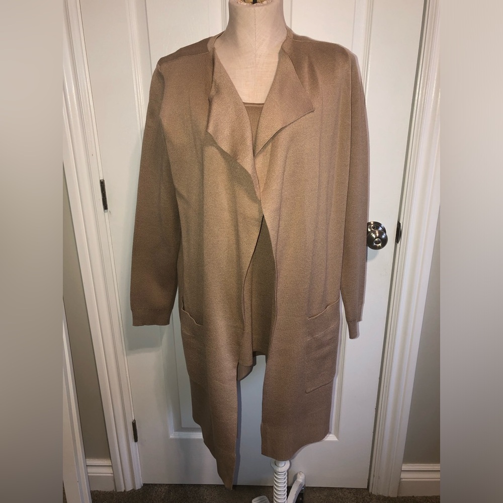 Nina Leonard 2 Piece Camel Open Front Cardigan and Tank Top